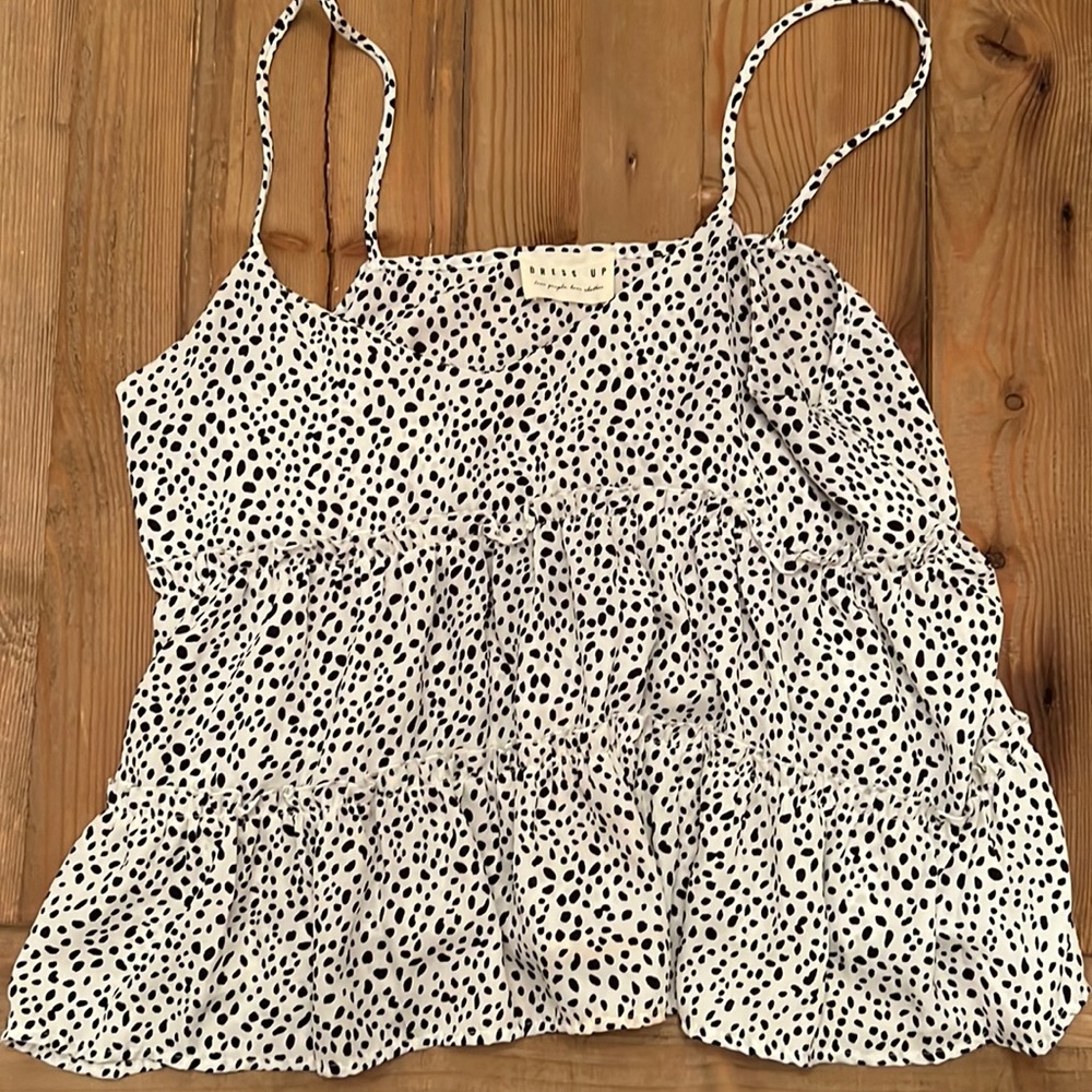 Boutique spagetti strap shirt black cream polka dot size large